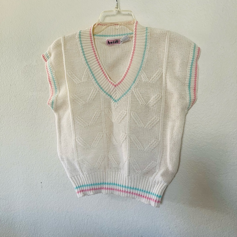 White V-Neck Knit Sweater Vest with Pastel Trim